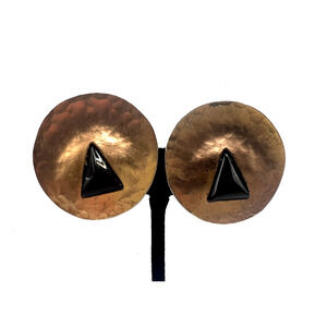 Vintage Hand Signed Ivar Hyden Abstract Black Onyx & Gold Brass Earrings RARE